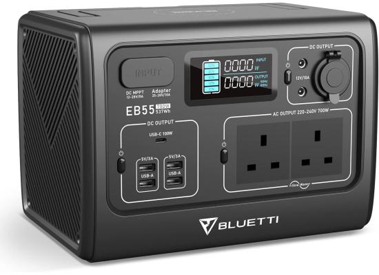 BLUETTI EB55 Portable Power Station 537Wh LiFePo4 Battery Power Generator with 2 230V 700W (Suger 1400W) AC Pure Sine-Wave Outlets, Mobile Wireless Charger, Outdoor Solar Generator for Road Trip Home Use Vanlife Off-grid - Gray